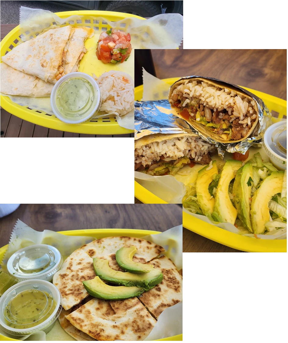 Grouped photo of foods, quesadillas, burritos, gringas
