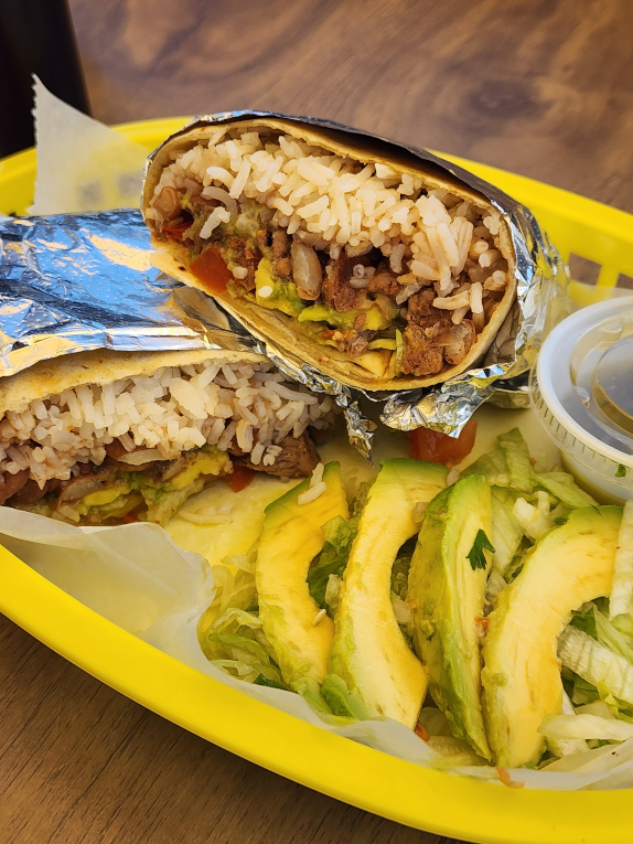 Burrito Lunch with sliced avocado